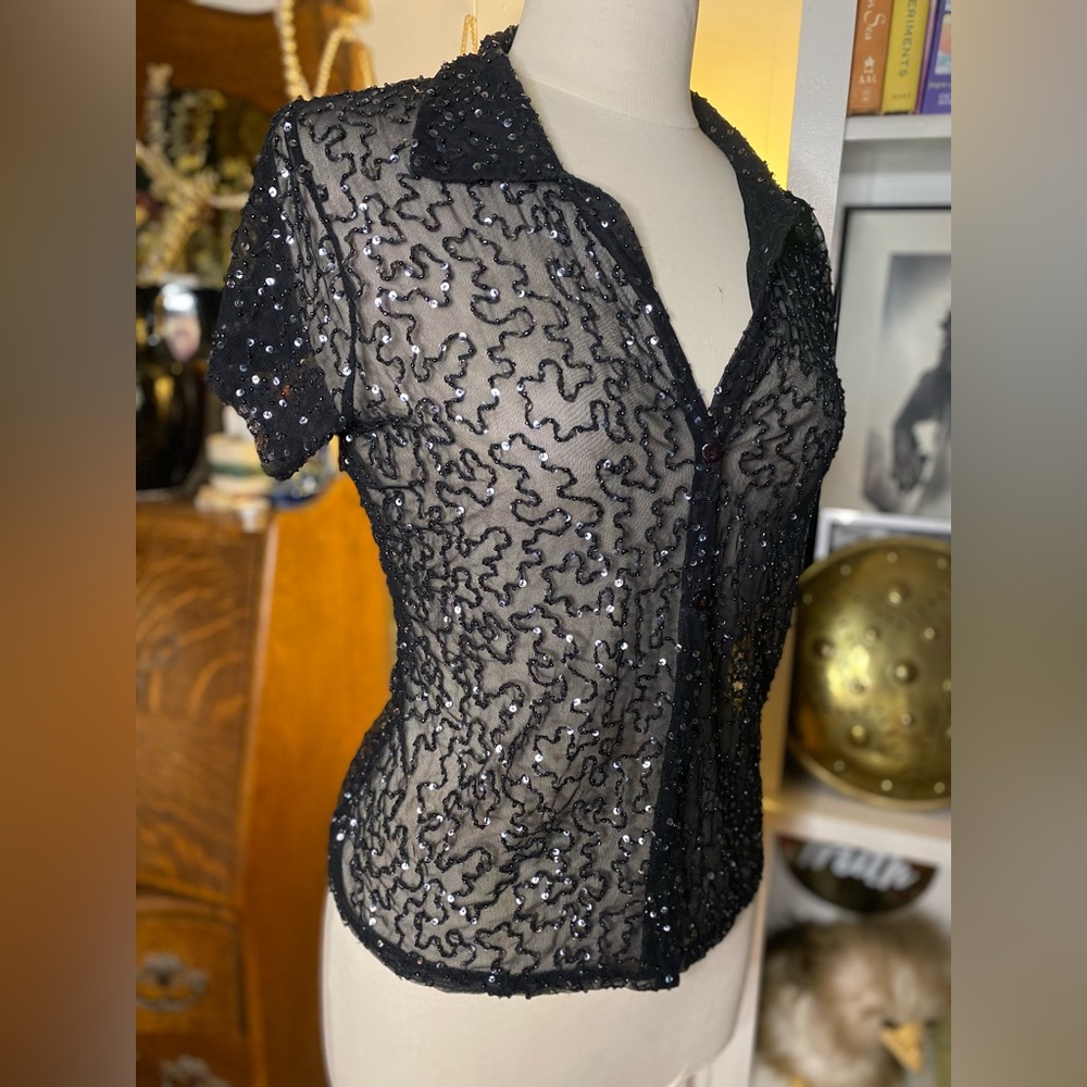 Sheer button up shirt with sequin